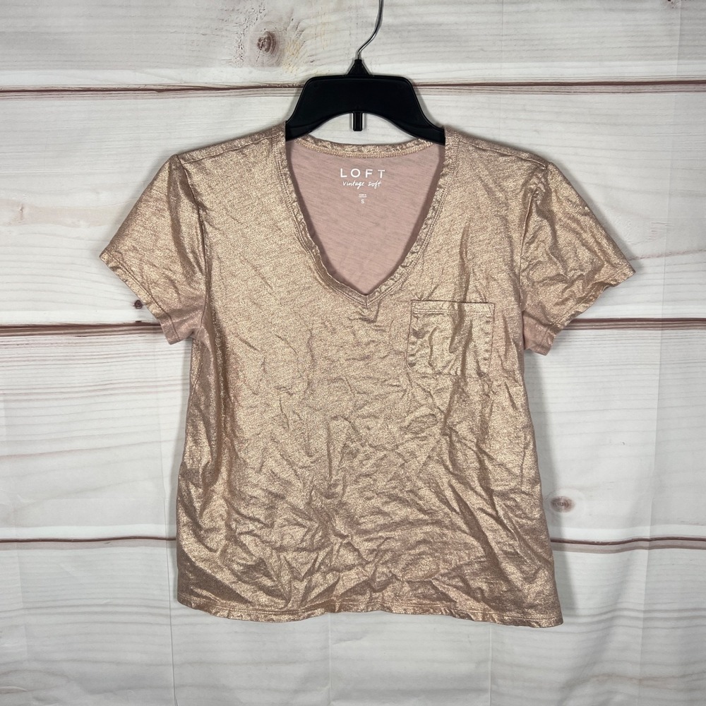 LOFT Top Womens S Pink Cotton Shimmer T-Shirt Vintage Soft V-Neck Short Sleeve‎